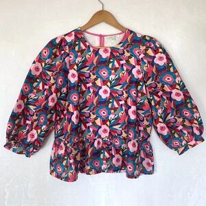 JADE‎ MELODY TAM Floral Print Peplum Blouse Top Womens S Square Neck 3/4 Sleeve